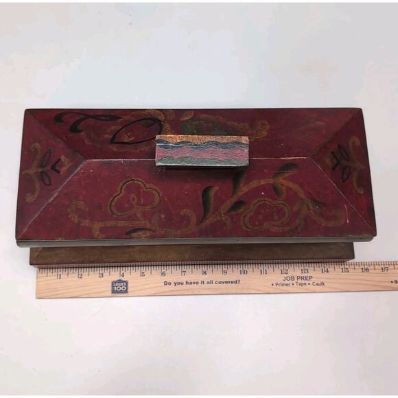 Pier 1 Imports Decorative Wooden Box w/ Lid Red Gold Hand-Painted Mantel Dresser - Picture 13 of 16